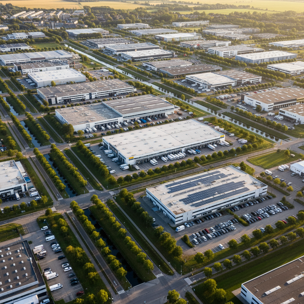 An aerial photographic view of the De Isselt business area at golden hour, featuring a structured grid of warehouses, offices, distribution centers, and canals weaving through the landscape. Flat rooftops in light greys and whites catch warm sunlight, while rows of parked delivery vans and company cars form precise patterns in the parking lots. Green buffer zones and tree-lined streets provide contrast to the industrial architecture. The low sun creates long, tidy shadows that emphasize the organized layout. Captured in sharp photographic realism from a high bird’s-eye perspective, the composition feels dynamic yet controlled, highlighting connectivity, accessibility, and the scale of the business network in Amersfoort West, with no visible people anywhere in the scene.