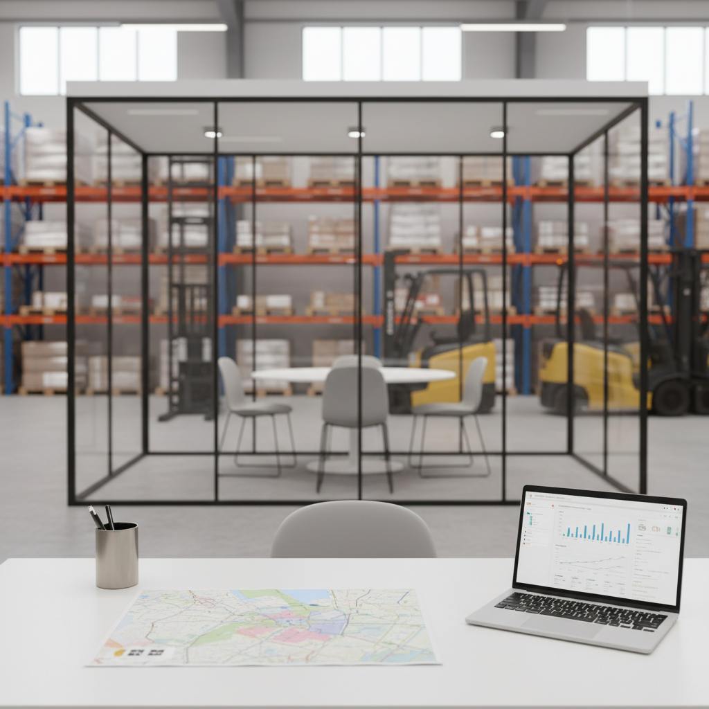 A bright, minimalist office interior within a warehouse unit at De Isselt, featuring a glass-walled meeting pod in the background and a simple white desk in the foreground. On the desk lie a printed map of Amersfoort West with different zones subtly color-coded, a slim laptop displaying a generic logistics dashboard, and a polished metal pen holder. Outside the glass walls, industrial shelving, stacked pallets, and neatly parked forklifts are visible in soft blur. Soft overhead LED lighting and indirect daylight from high windows create an even, neutral illumination. Photographic realism, eye-level composition with shallow depth of field, evokes a professional, efficient mood that blends office strategy with on-the-floor operations, symbolizing connection between local entrepreneurs, while excluding any person.