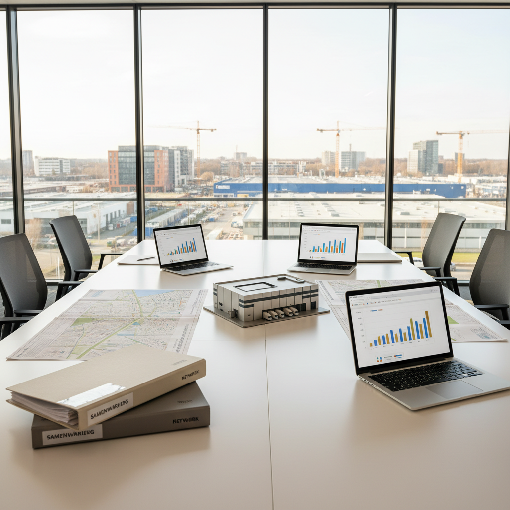 A large, clean conference table in a modern business park meeting room, covered with neatly arranged objects: open laptops showing generic charts, printed site maps of De Isselt, a stack of neutral-colored business folders labeled “Samenwerking” and “Netwerk,” and a small metal model of a warehouse. Through the floor-to-ceiling windows, the industrial skyline of Amersfoort West with offices, logistics buildings, and cranes is visible in soft focus. Diffused daylight fills the space, creating gentle reflections on the white tabletop. Photographic realism, shot from a slightly elevated angle, emphasizes the orderly layout and professional atmosphere, with a calm, focused mood that suggests strategic collaboration among local companies without including any human figures.