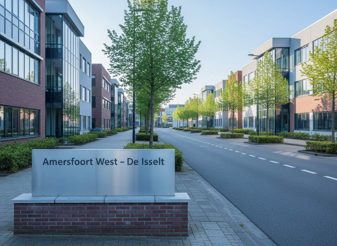 A modern business park entrance sign reading “Amersfoort West – De Isselt” rendered as clean, generic lettering on a brushed steel panel, mounted on a low brick base. The sign stands beside a wide, well-maintained industrial street lined with contemporary warehouses and office façades in neutral greys and warm brick. It is early morning with soft, cool natural light and long, gentle shadows across the asphalt. Fresh green trees and neatly trimmed hedges add color along the sidewalks. Shot at eye level in photographic realism with sharp focus throughout, the composition uses the rule of thirds, creating a professional, welcoming mood that conveys a thriving, well-organized business district without showing any people.