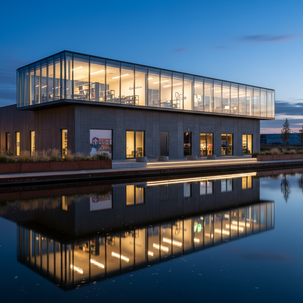 A calm evening exterior of a modern canal-side warehouse at De Isselt, with reflective glass office sections above an industrial ground floor. Warm interior lights glow through the windows, illuminating desks, shelving, and generic branding walls in soft blur. Outside, the still canal mirrors the building’s façade, while discreet LED pathway lights outline a small, landscaped seating area with planters and simple benches. The sky has a deep blue twilight tone, and subtle reflections shimmer on the water’s surface. Photographic realism, shot from across the canal at a slightly low angle, creates a professional yet inviting mood, suggesting an active entrepreneurial community extending beyond office hours, while maintaining a clean, people-free environment.