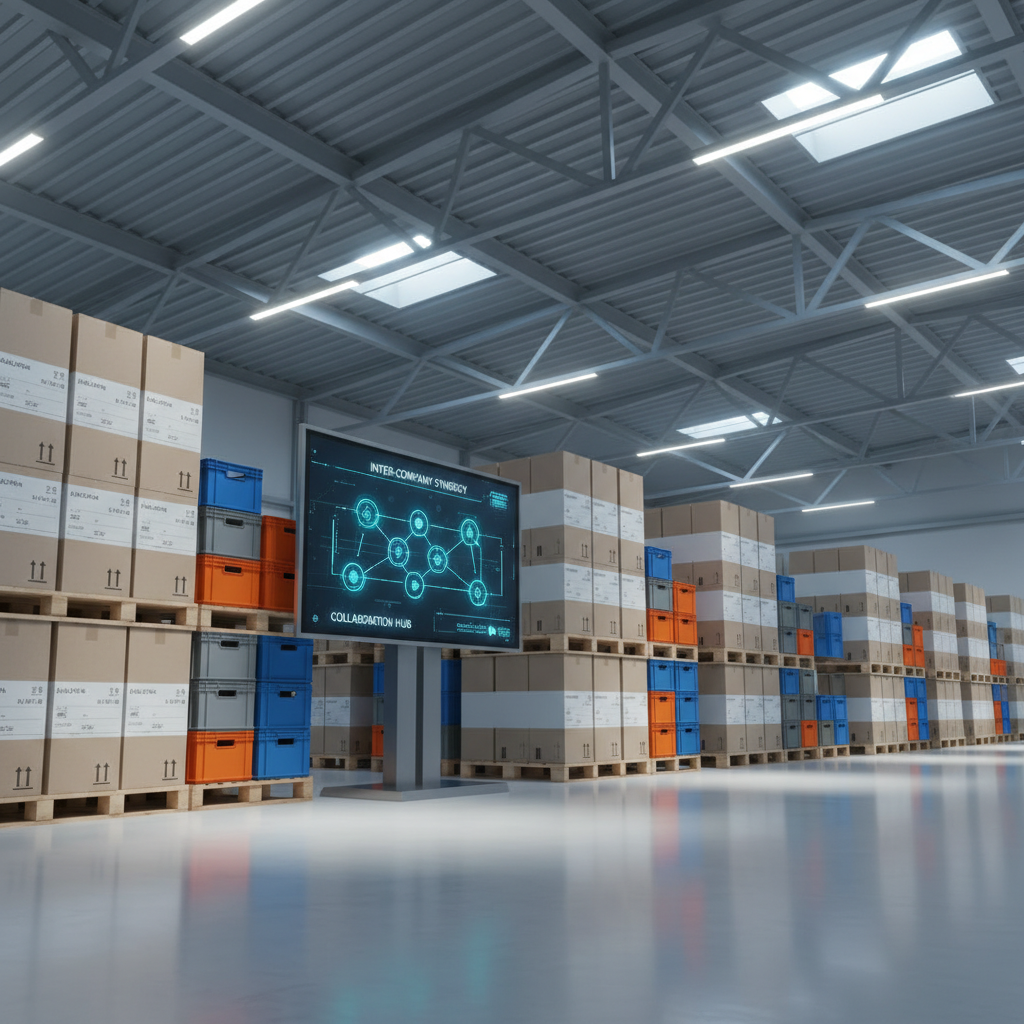 A stylized logistics hub scene inside a De Isselt warehouse, with rows of neatly stacked pallets, labeled cardboard boxes, and color-coded plastic crates arranged with geometric precision. In the center stands a large digital display board on a sleek metal stand showing a generic network diagram with interconnected nodes and arrows, representing cooperation between companies. The high ceiling features exposed steel beams and skylights that let in cool, diffused daylight, supplemented by evenly spaced LED strip lights casting soft, shadows on the polished concrete floor. Photographic realism, captured from a low, slightly diagonal angle, gives depth and dynamism. The atmosphere feels efficient and forward-thinking, underlining innovation and collaboration in the industrial area without depicting any human workers.
